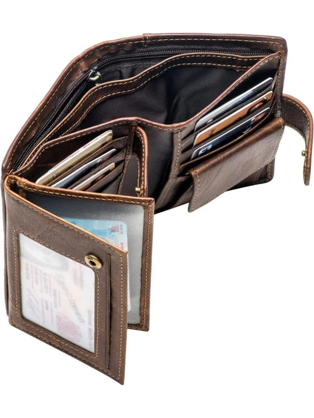 Large RFID Genuine Leather Trifold Wallet | Snap Closure & 3 ID Windows for Men